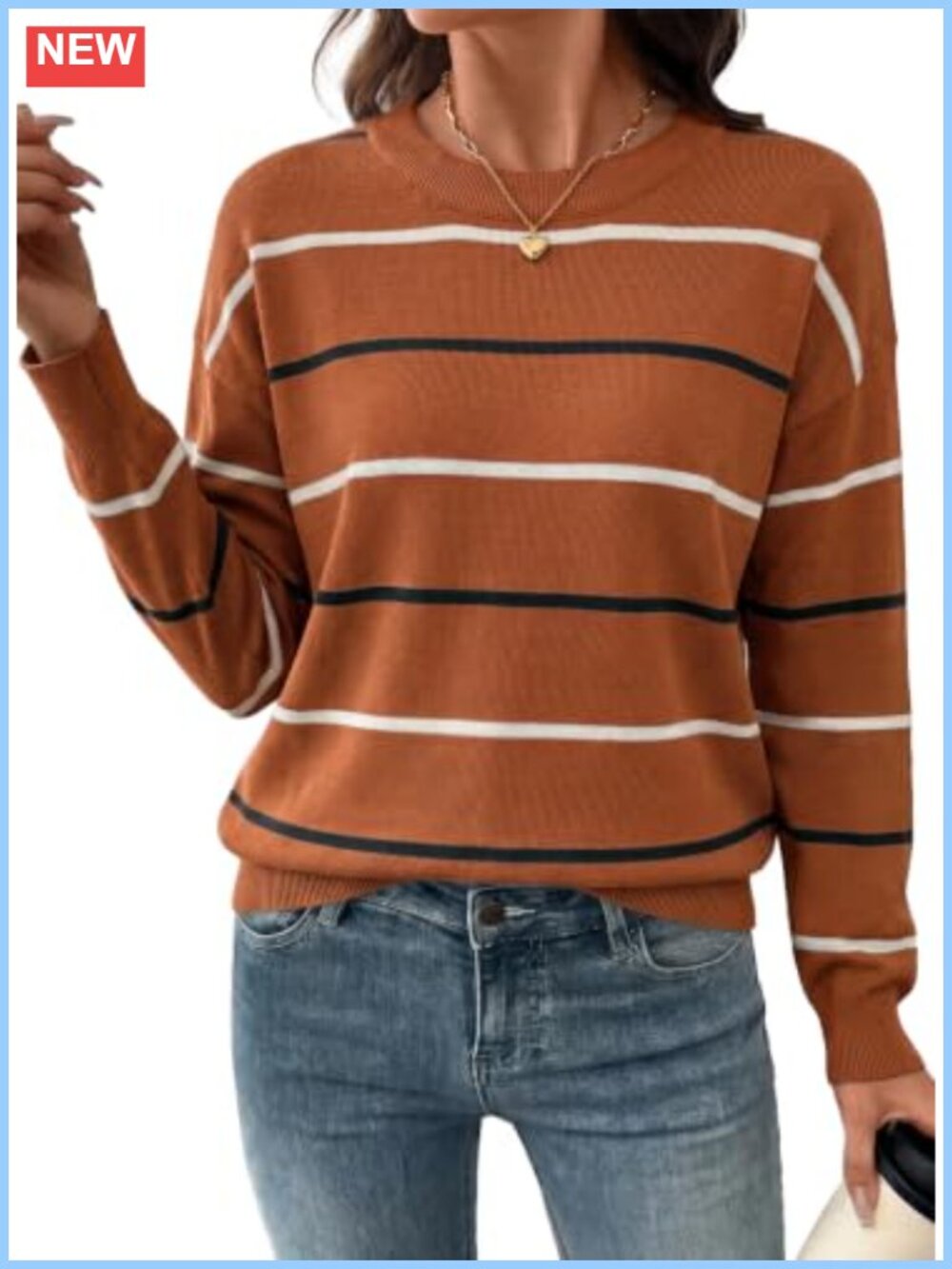 Womens Striped Sweater Crew Neck Loose Knit Pullover Casual Fall Top